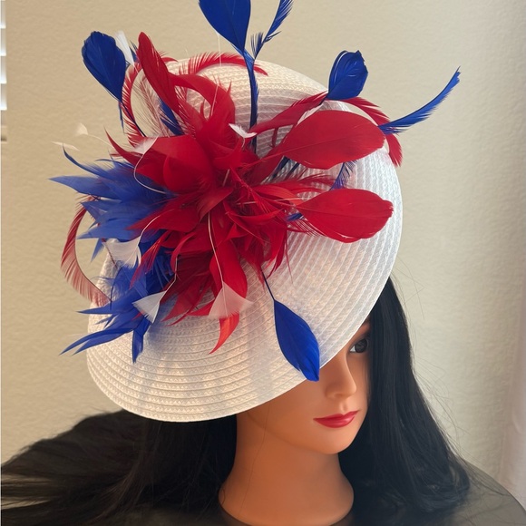 Vibrant White Hat with Red and Blue Feather Accents - Picture 2 of 4